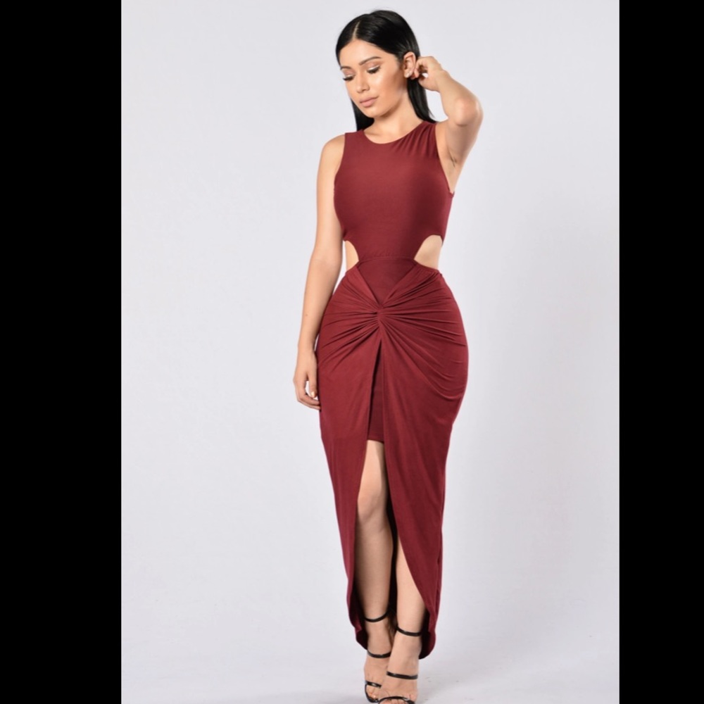 Fashion Nova on the sly Burgundy dress with side cut outs maxi length